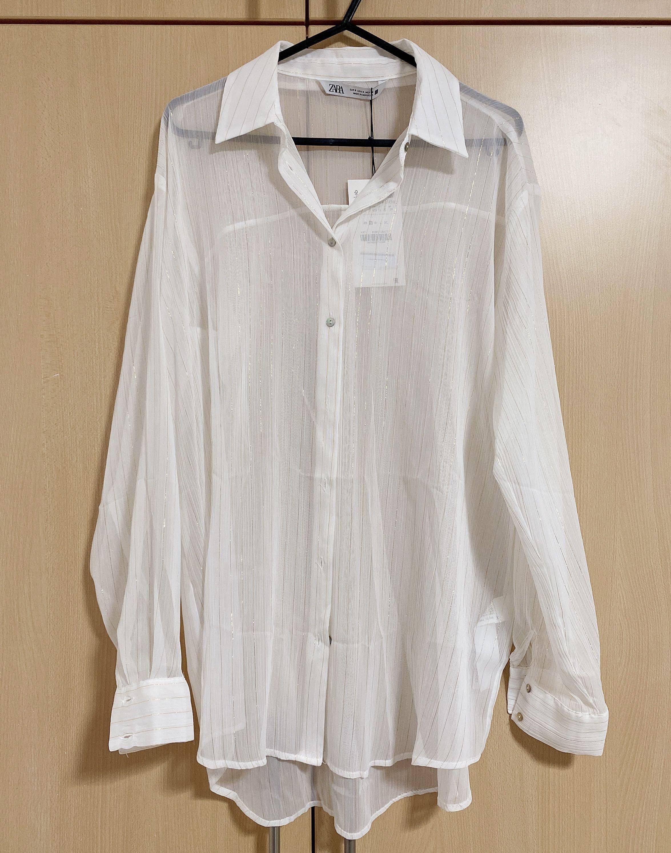Zara Sheer White Shirt with Gold Trimmings, Women's Fashion, Tops, Blouses  on Carousell