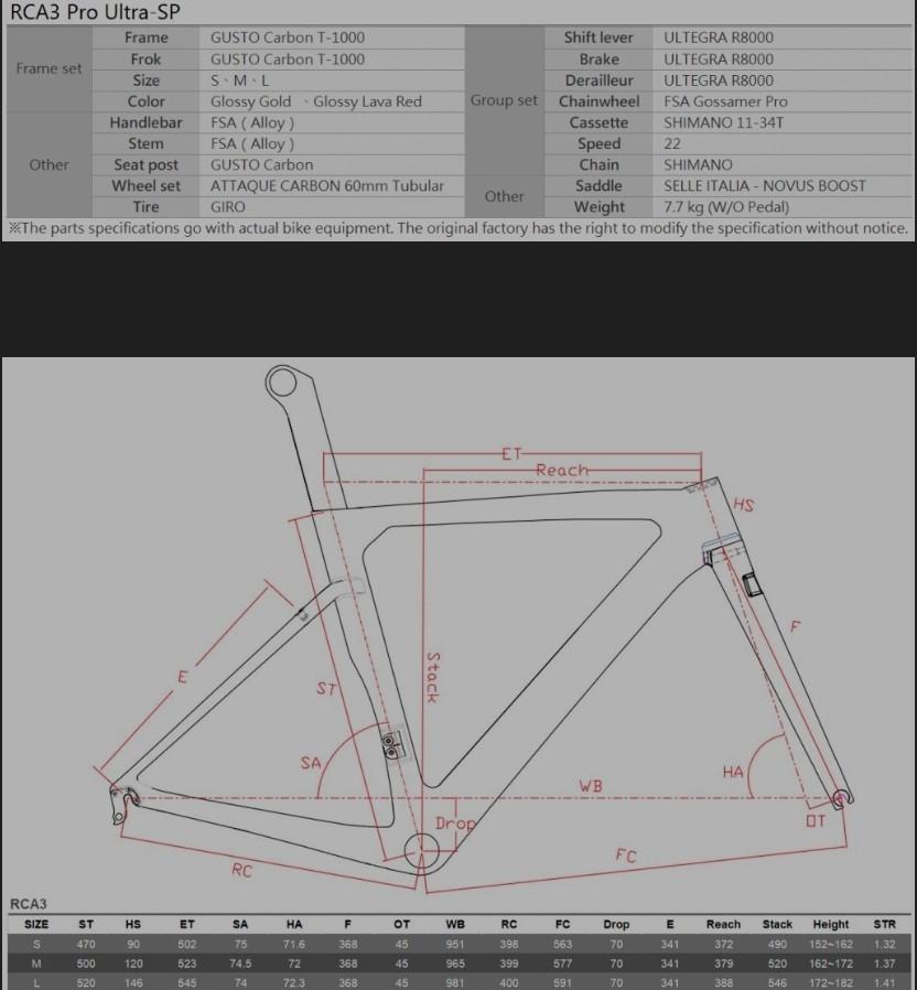 Gusto road bike shop size chart
