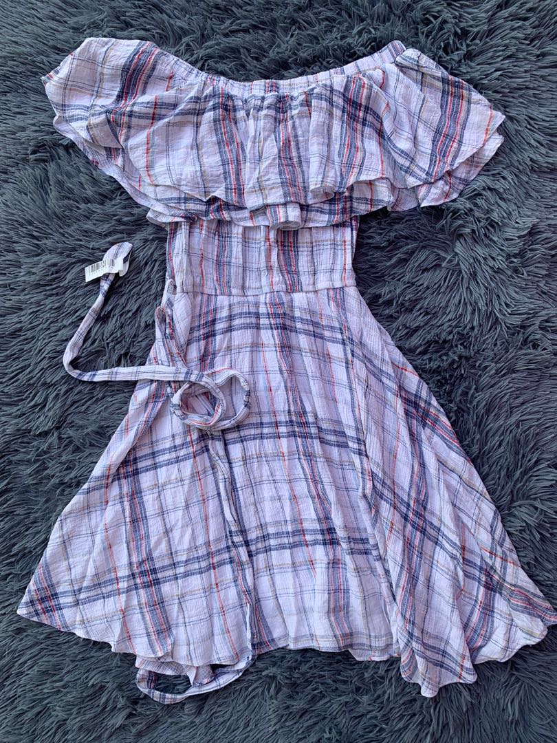 off shoulder checkered dress