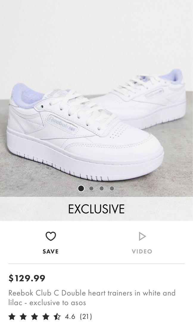 reebok club c double heart trainers in white and lilac