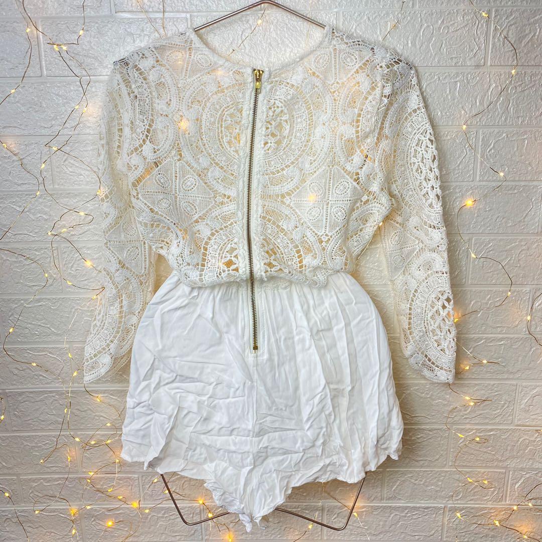 🌸Reverse Crochet Lace Zip Back Romper (Category: Rompers) located in Dagupan City. Submitted by branded_forless (Listing ID 1115043418, Image 2). Description: Cotton / Rayon ✔️ Pockets✔️ Buttons Garterized ✔️ Lining Stretchable✔️.