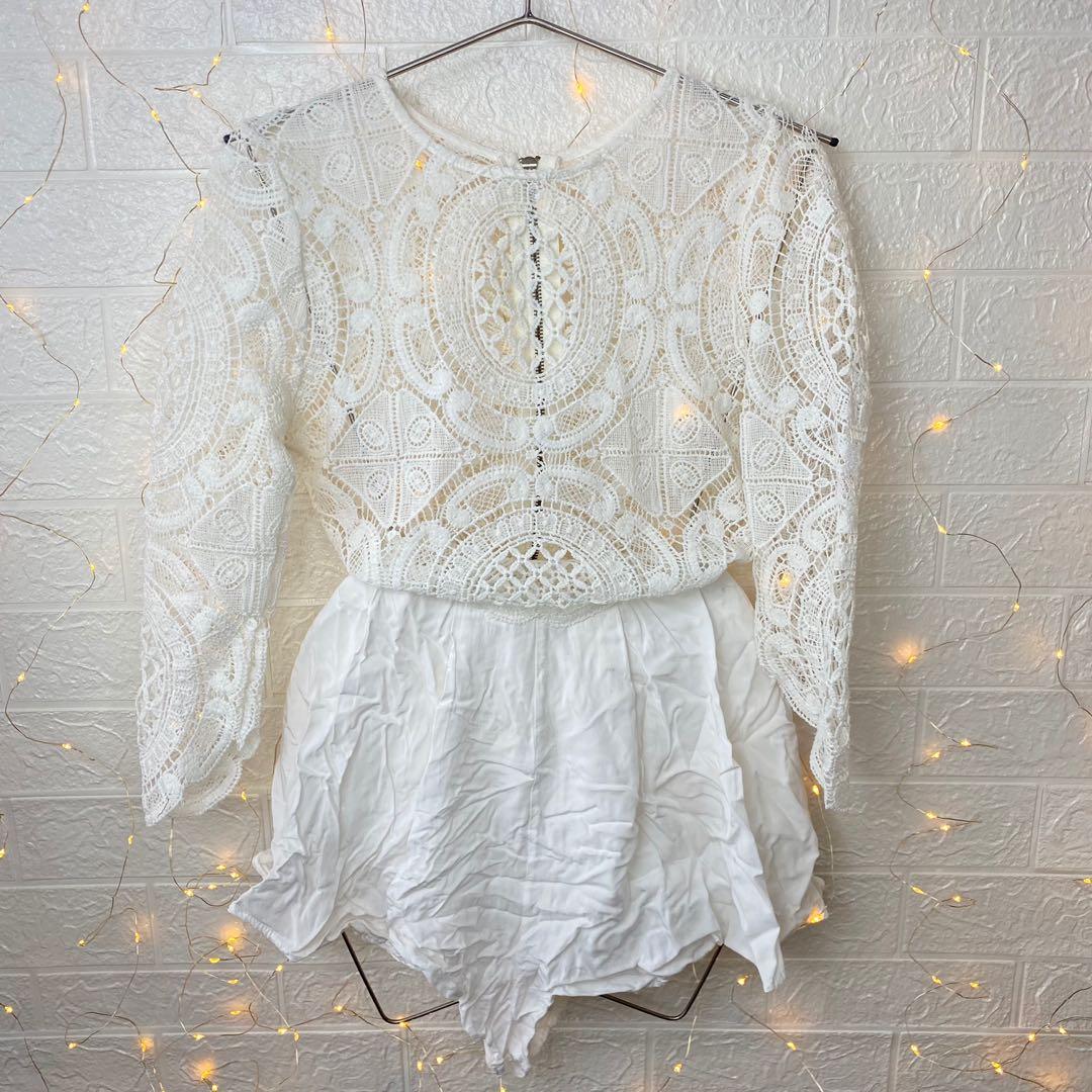 🌸Reverse Crochet Lace Zip Back Romper (Category: Rompers) located in Dagupan City. Submitted by branded_forless (Listing ID 1115043418, Image 1). Description: Cotton / Rayon ✔️ Pockets✔️ Buttons Garterized ✔️ Lining Stretchable✔️.