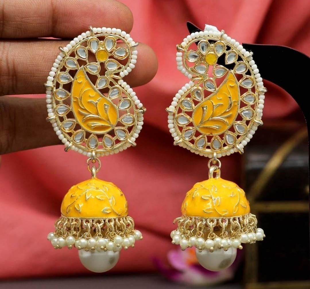 Yellow Meenakari Kundan Earrings Women s Fashion Watches