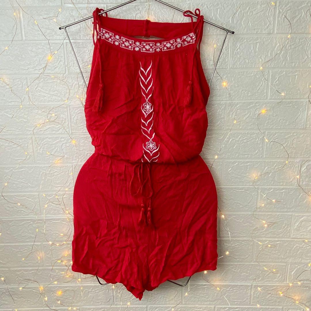 🌸BLUE RAIN red self tie open back embroidered romper (Category: Rompers) located in Dagupan City. Submitted by branded_forless (Listing ID 1115199052, Image 1). Description: Cotton ✔️ Pockets Buttons ✔️ Garterized✔️ Lining✔️ Adjustable strap✔️ Stretchable✔️.
