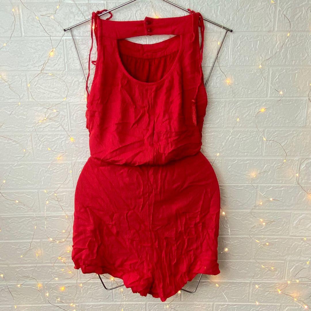 🌸BLUE RAIN red self tie open back embroidered romper (Category: Rompers) located in Dagupan City. Submitted by branded_forless (Listing ID 1115199052, Image 2). Description: Cotton ✔️ Pockets Buttons ✔️ Garterized✔️ Lining✔️ Adjustable strap✔️ Stretchable✔️.