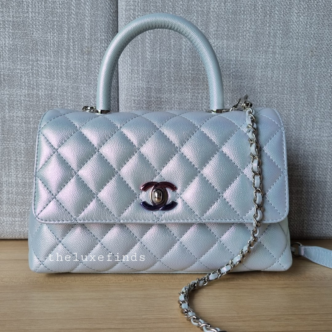 🦄💖Chanel 21K Small Coco Handle (Iridescent Light Blue, Leather Lined,  24cm) (Non-nego), Luxury, Bags & Wallets on Carousell