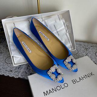 📌 ON HAND: Manolo Blahnik Blue Satin Jewel Buckle Flats Shoes