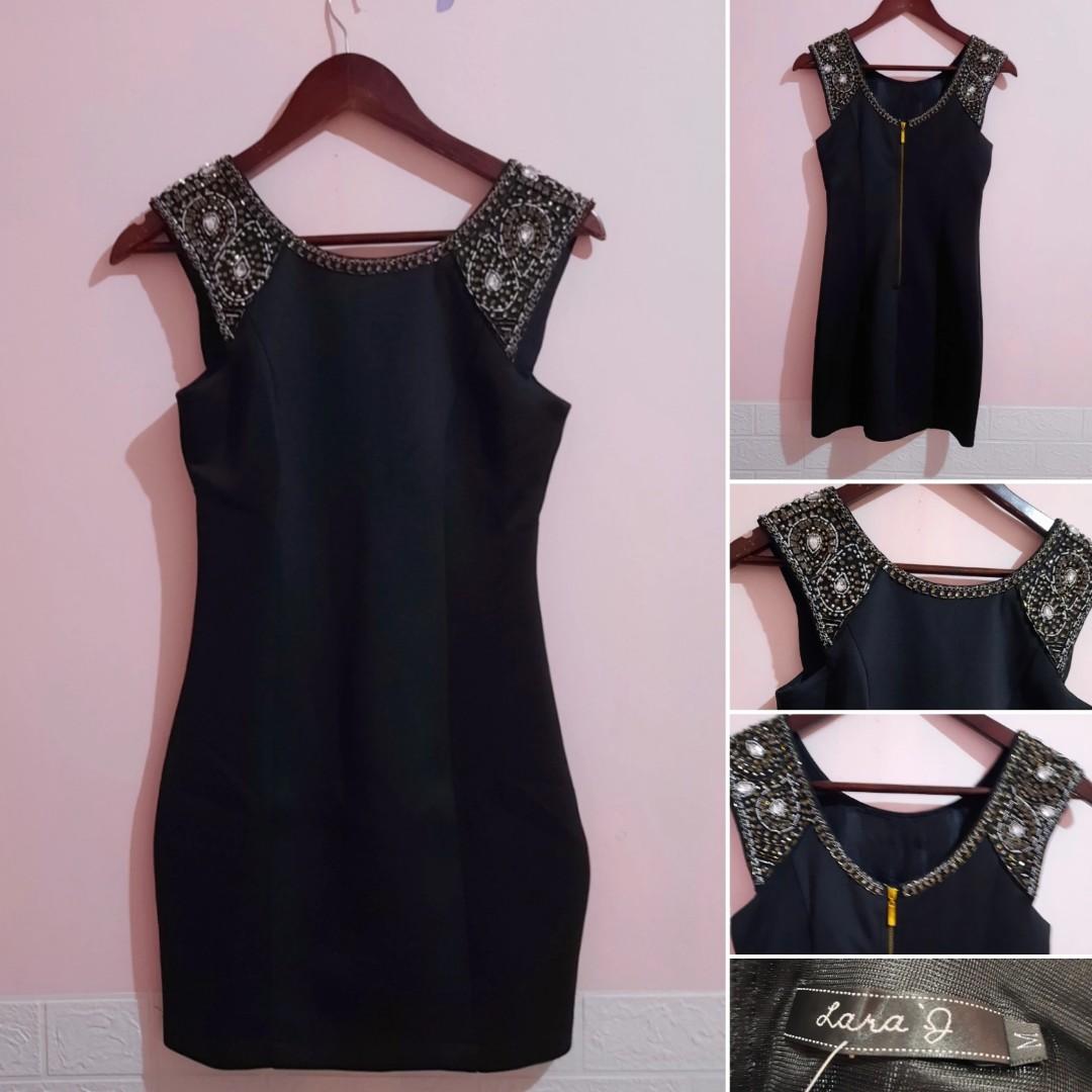 Black Beaded Scuba Bodycon Dress 
