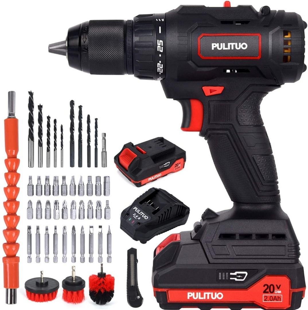 Electric Drill Max Torque 60N.m 21+1 Torque Setting 27pcs Accessories Compact Case 1 Hr Fast Charger Power Drill 20V Cordless Drill Set with 2*2.0Ah Lithium-Ion Battery Magnetic Flexible Shaft
