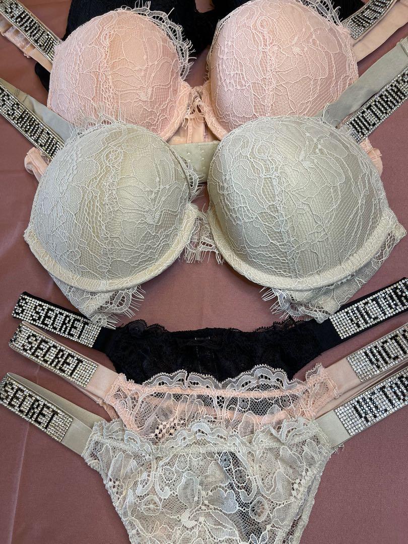 Victoria's Secret Lace VS Rhinestone Bra Underwear Set Panty Comfort Push  Up SET
