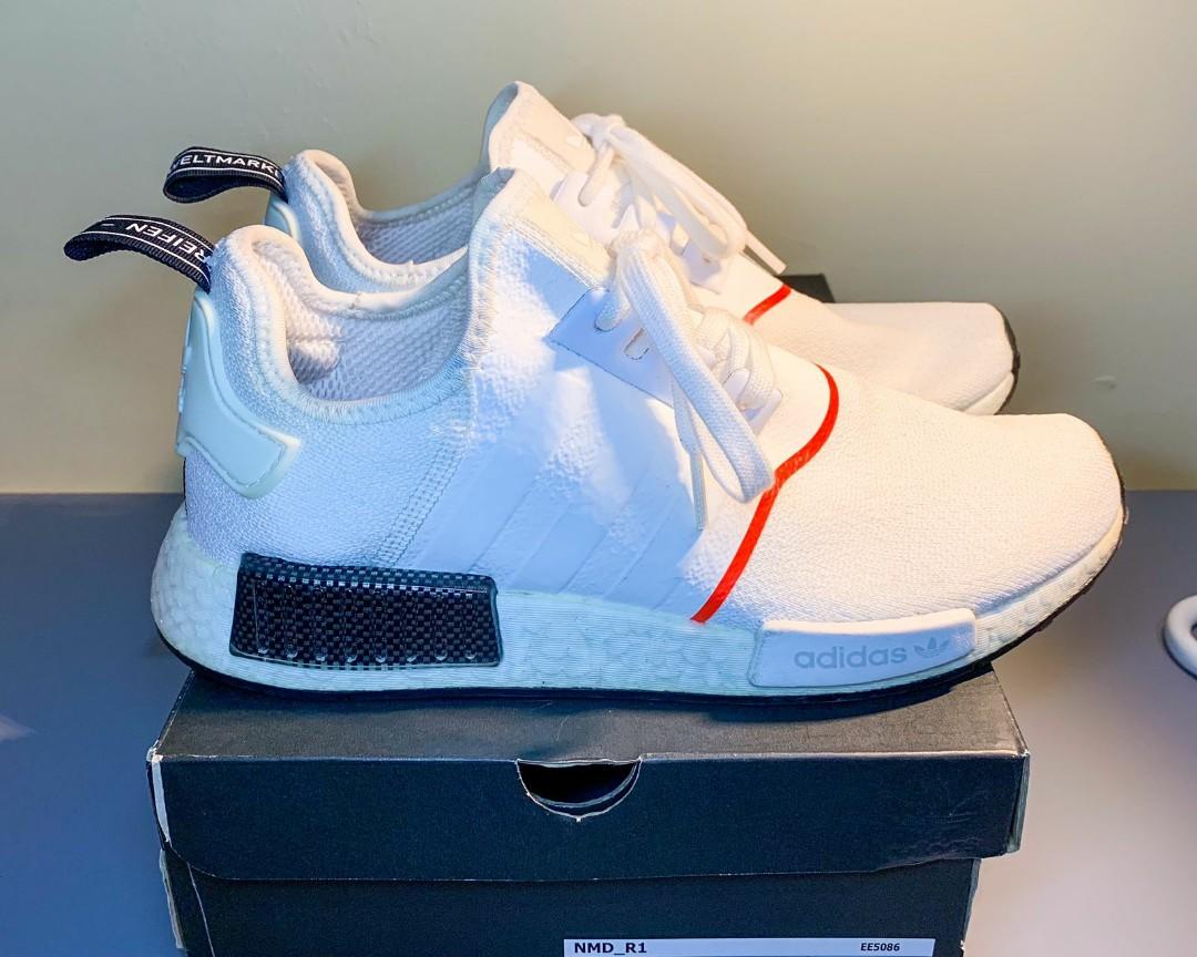 Adidas NMD R1 cloud white/solar red (size 43 1/3, 27.5 cm), Fesyen Pria,  Sepatu , Sneakers di Carousell
