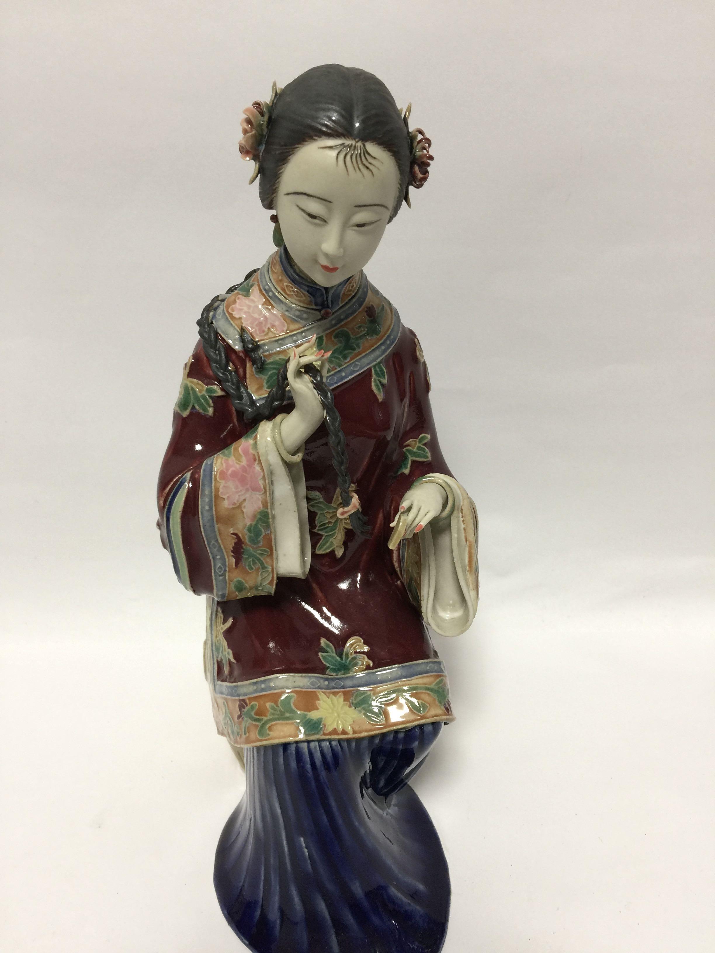 Ancient Chinese Shiwan Lady porcelain figurine Statue 中国石湾陶瓷