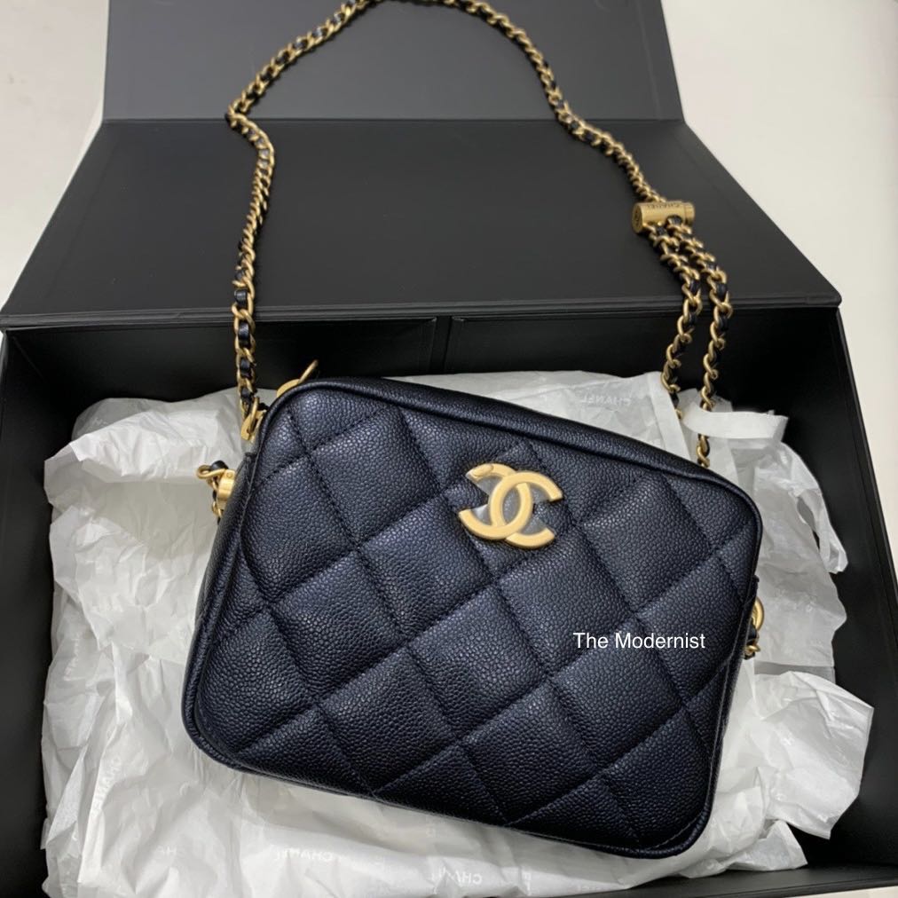 Authentic Chanel 21K Iridescent Black Caviar Camera Bag Gold Hardware With  Adjustable Chain