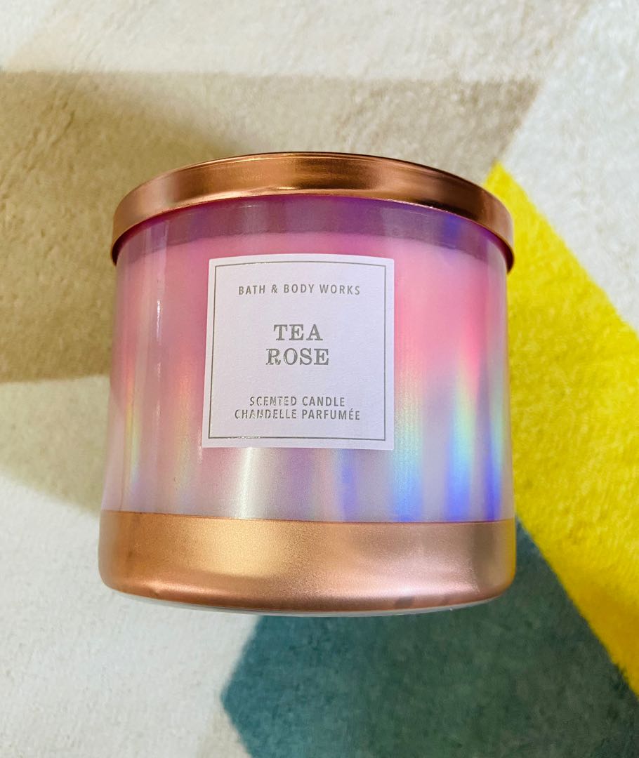 BATH & BODY WORKS TEA ROSE 3 WICKS CANDLE, Beauty & Personal Care