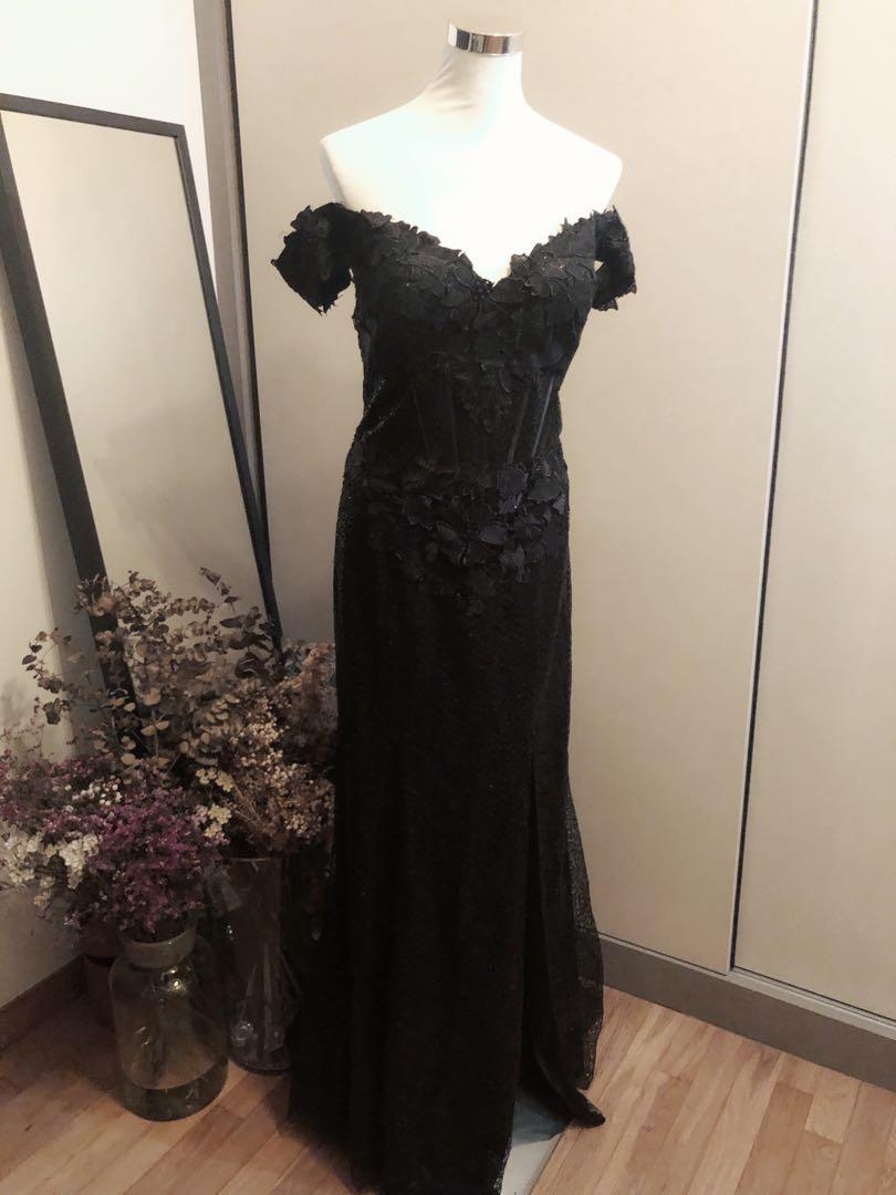 CLEARANCE BN Black Off shoulder Matt Sequin Floral Evening Dress