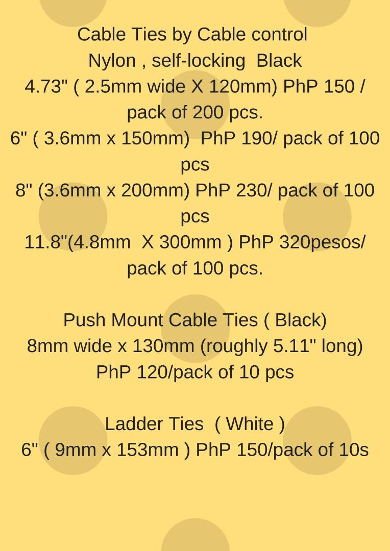 Cable Control Cable Ties Wire Ties Nylon Self -Locking (Category: Other Security Devices) located in Quezon City. Submitted by thegaragemanila (Listing ID 159594494, Image 3). Description: High Quality Nylone Cable Ties , Not brittle , Does not easily break when using pls see prices listed in photo 4.7" 6" 8" 11.8" ladder ties push mount tie Flag Tie.