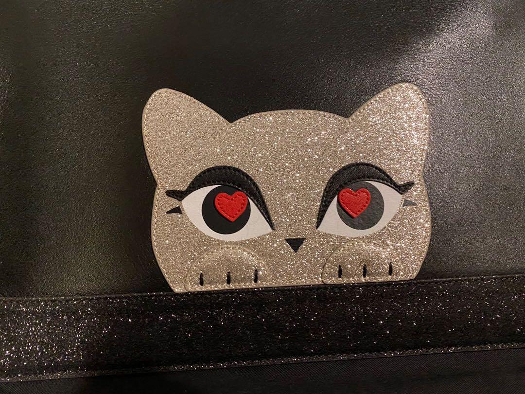 KARL LAGERFELD PARIS KITTY DOUBLE ZIP WALLET WRISTLET CLUTCH LEATHER NEW  AUTHENT