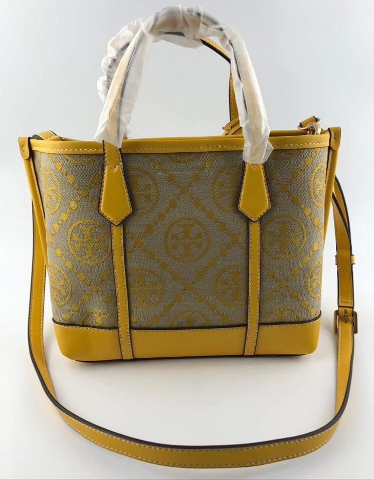 6689 TORY BURCH Perry T Monogram Triple Compartment Tote GOLDFINCH