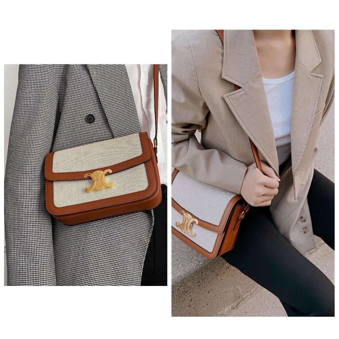 CLASSIQUE TRIOMPHE BAG IN TEXTILE AND CALFSKIN - NATURAL / TAN