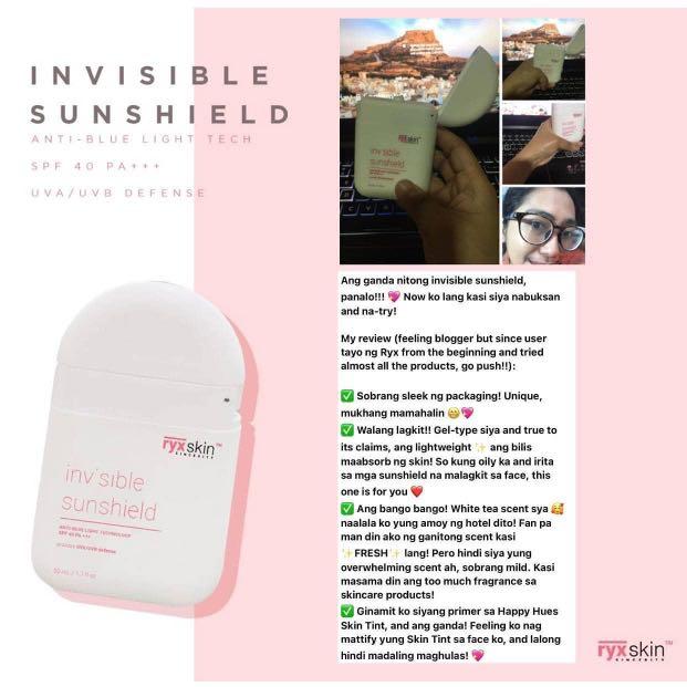 RYX Invisible Sunshield (Category: Face Care) located in Mandaluyong City. Submitted by charlaloooo (Listing ID 1115706379, Image 3). Description: RyxSkin Inv'sible Sunshield, my holy grail! ✨ I love this so much kasi super lightweight, walang lagkit at all. Fresh lang! You must try this 🤍 #Sunscreen #Sunshield #AntiBlueLightTechnology #BroadSpectrum #SPF #RYX #RyxSkin #SlayTheDay #RyxSkinSincerity #RyxSkincerity #RyxSkinceritySkinCare #RyxSkinM
