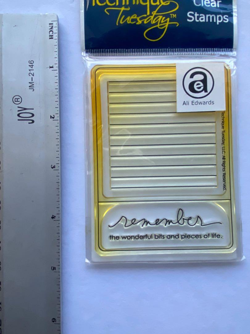 Technique Tuesday - Remember by Ali Edwards (Category: Craft Supplies & Tools) located in Paranaque City. Submitted by cvcrossing (Listing ID 1115671932, Image 3). Description: Old stock, unused Packaging has turned yellow Stamps have yellowed due to storage 4 pieces clear stamps - Frame - journaling lines - Remember - the wonderful bits and pieces of life How to use clear stamps: https://youtu.be/65HkIrwUdOQ RFS: destashing.