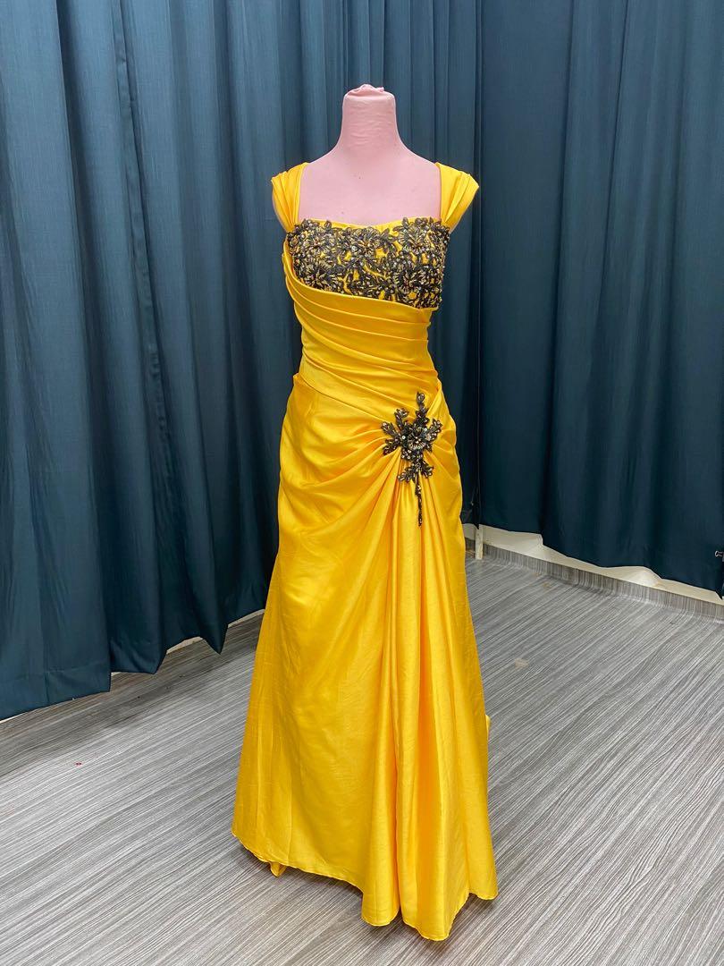 Yellow black evening gown wedding dinner dress