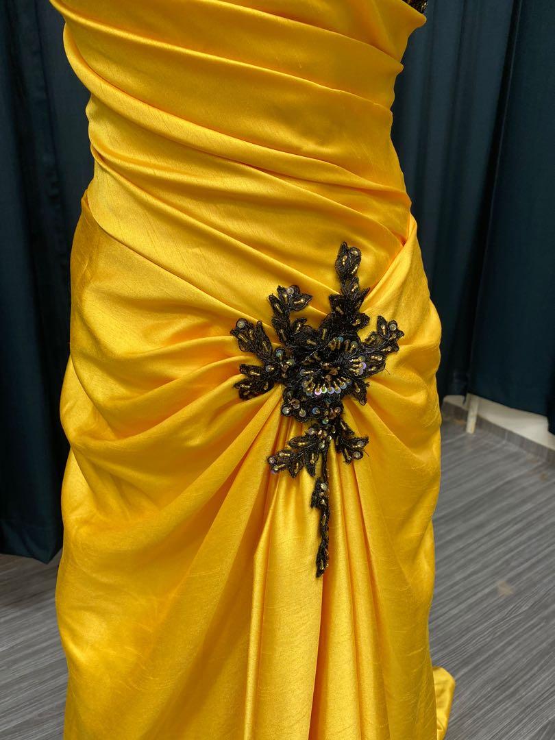 Yellow black evening gown wedding dinner dress Women s Fashion