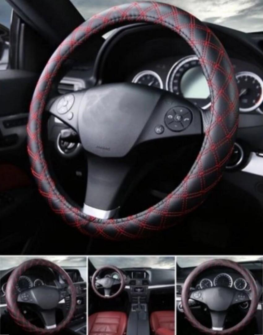533 PU Leather Steering Wheel Cover Wrap Black Red LINE MYVI AXIA WAJA WIRA M SIZE