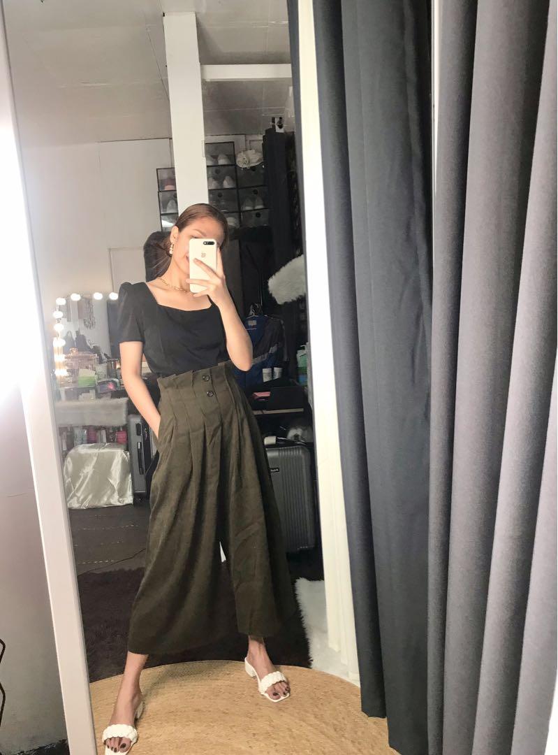 Dark Green Paperbag Square Pants, Women 