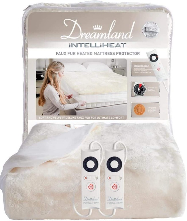 Dreamland Intelliheat fast heat up soft faux fur mattress protector double, electric  blanket 190 x 137 cm, easy fit elasticated skirt, 2 controls, 6 temperature  settings and timer, extra foot warmth, Furniture