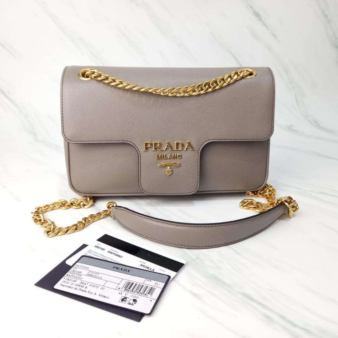 New Prada 1BD193 Saffiano Flap Shoulder Bag GHW grey Size 22 5cm x 15cm