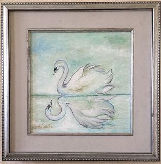 ORIGINAL FRAMED SWAN OIL PAINTING 🕊The Reflection                    43 cm x 43 cm