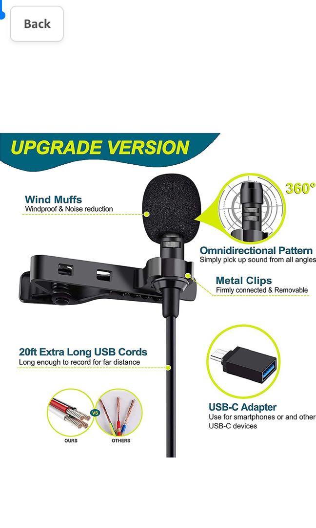 USB 20-foot Cord Clip On Lavalier Microphone for PC & Mac, M1