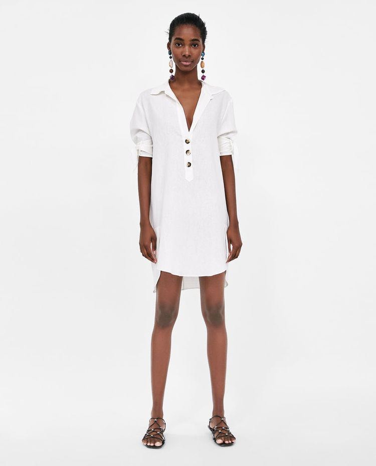 ZARA WHITE LINEN DRESS WITH BUTTON, Fesyen Wanita, Pakaian Wanita, Gaun