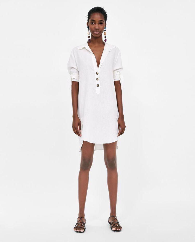 ZARA WHITE LINEN DRESS WITH BUTTON, Fesyen Wanita, Pakaian Wanita, Gaun