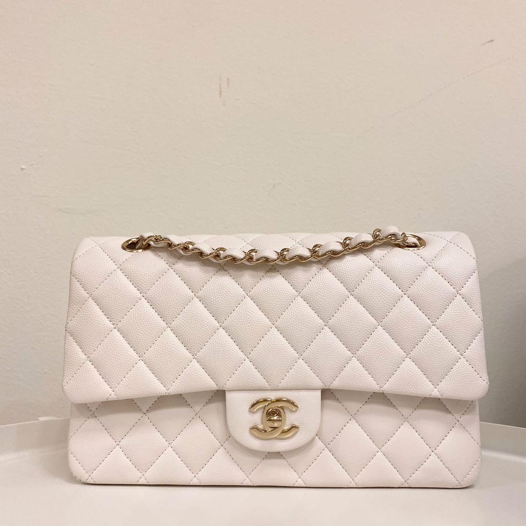 Authentic Chanel White Medium Classic Flap bag in Caviar and Light Gold  Hardware