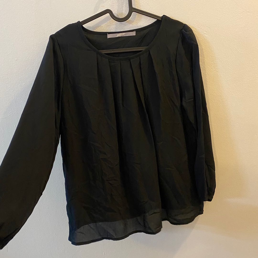 Black Long Sleeve Flowy Chiffon Blouse 
