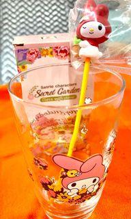 Brand new Sanrio character “My Melody” glass with stirrer, 370ml, My Melody figure is 4cm & stirrer 14cm, a product of Singapore