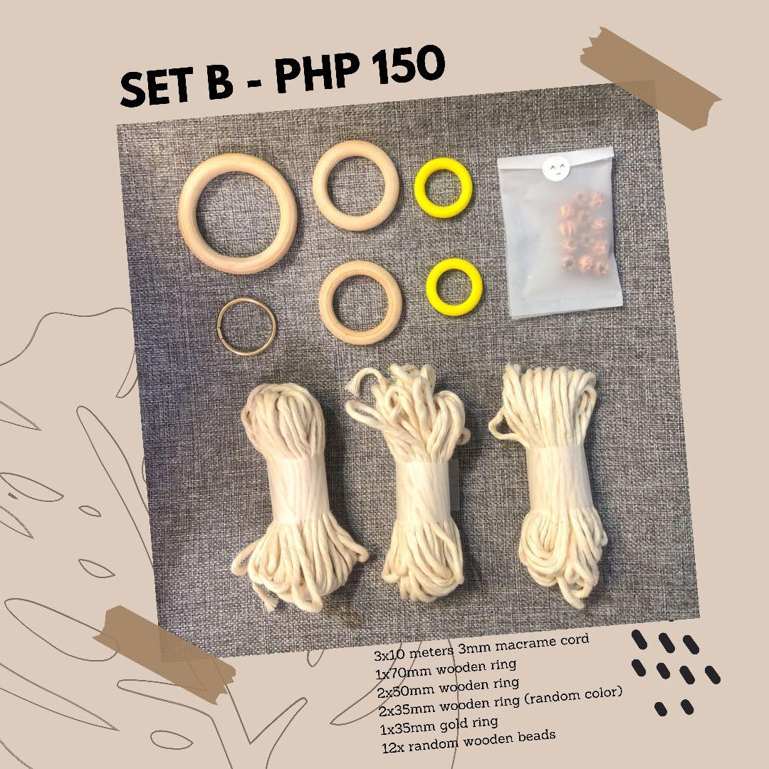 Do It Yourself (DIY) Macrame Plant Hanger Kit (Category: Handmade Craft) located in Cavite. Submitted by tgj.declutters (Listing ID 1116238628, Image 1). Description: SET A 4x10 meters 2mm macrame cord 1x70mm wooden ring 2x50mm wooden ring 3x25mm wooden ring 1x35mm gold ring 12x random wooden beads SET B 3x10 meters 3mm macrame cord 1x70mm wooden ring 2x50mm wooden ring 2x35mm wooden ring (random color) 1x35mm gold ring 12x random wooden beads .