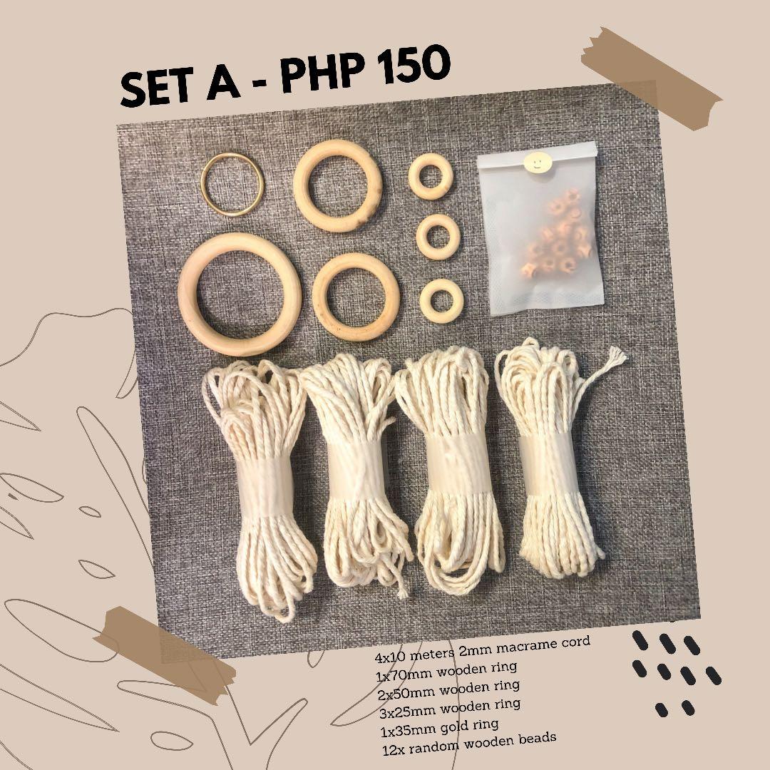 Do It Yourself (DIY) Macrame Plant Hanger Kit (Category: Handmade Craft) located in Cavite. Submitted by tgj.declutters (Listing ID 1116238628, Image 2). Description: SET A 4x10 meters 2mm macrame cord 1x70mm wooden ring 2x50mm wooden ring 3x25mm wooden ring 1x35mm gold ring 12x random wooden beads SET B 3x10 meters 3mm macrame cord 1x70mm wooden ring 2x50mm wooden ring 2x35mm wooden ring (random color) 1x35mm gold ring 12x random wooden beads .