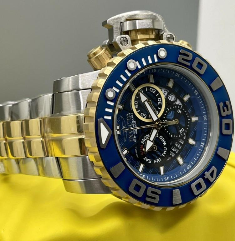 New Invicta 22133 Two Tone Full Swiss Sea Hunter Gold Plated 70mm Chronograph SS Watch