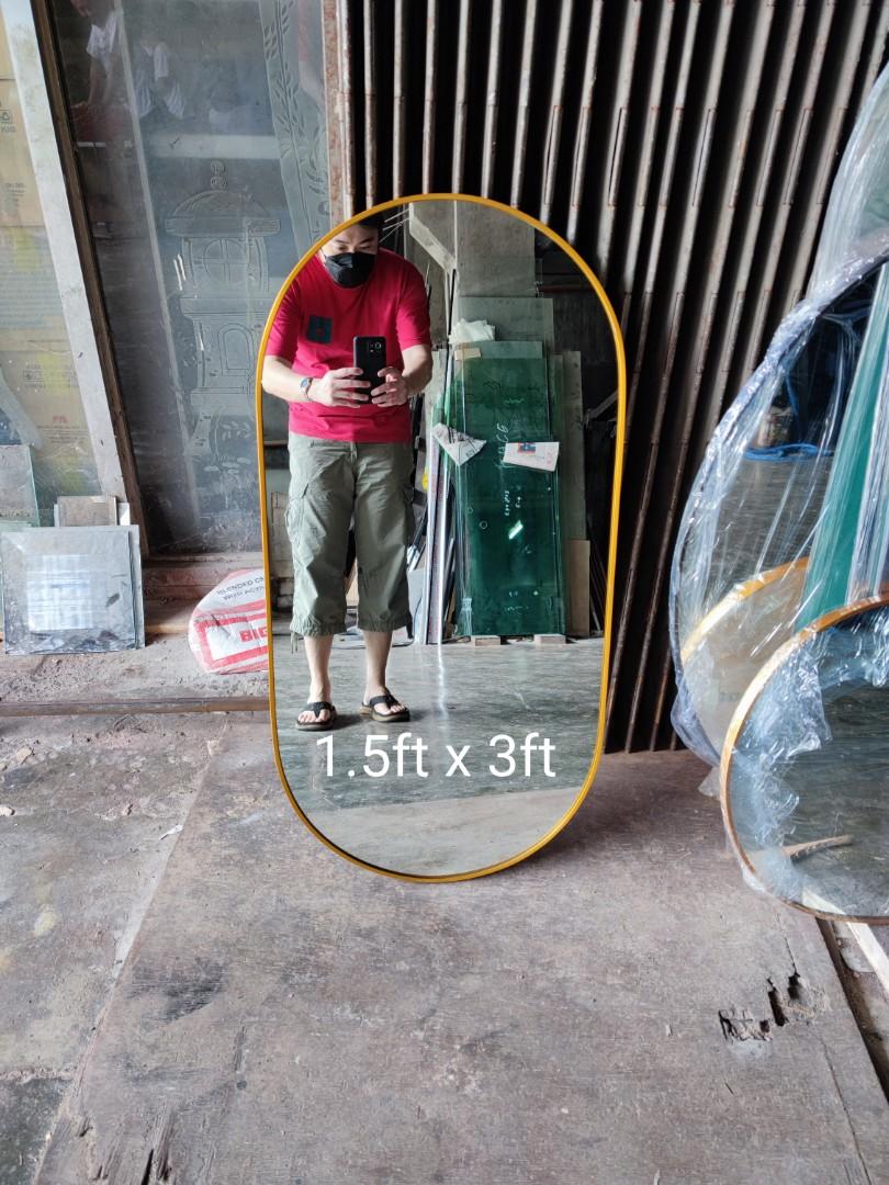 Oval mirror with frame (Category: Mirrors) located in Malabon City. Submitted by mirrors.ph (Listing ID 1116125973, Image 1). Description: Oval mirror with gold aluminum frame and plywood backing. Using 6mm thick copper free lead free mirror. Size: 1.5ft x 3ft P1215 Add P200 if with back hook Available in gold, glossy black, matte black, white and silver aluminum frame. Customize sizes and shapes are welcome..