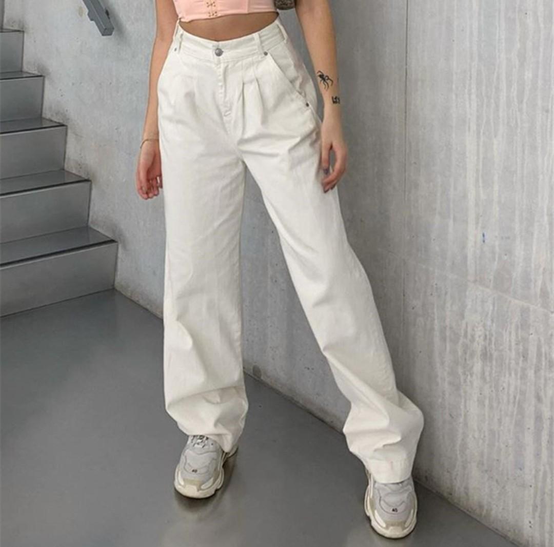 Retro Straight Wide Leg Brown Pants Vintage Female Korean High Waist Casual  Long Navy Blue Pants White Beige Trousers - AliExpress