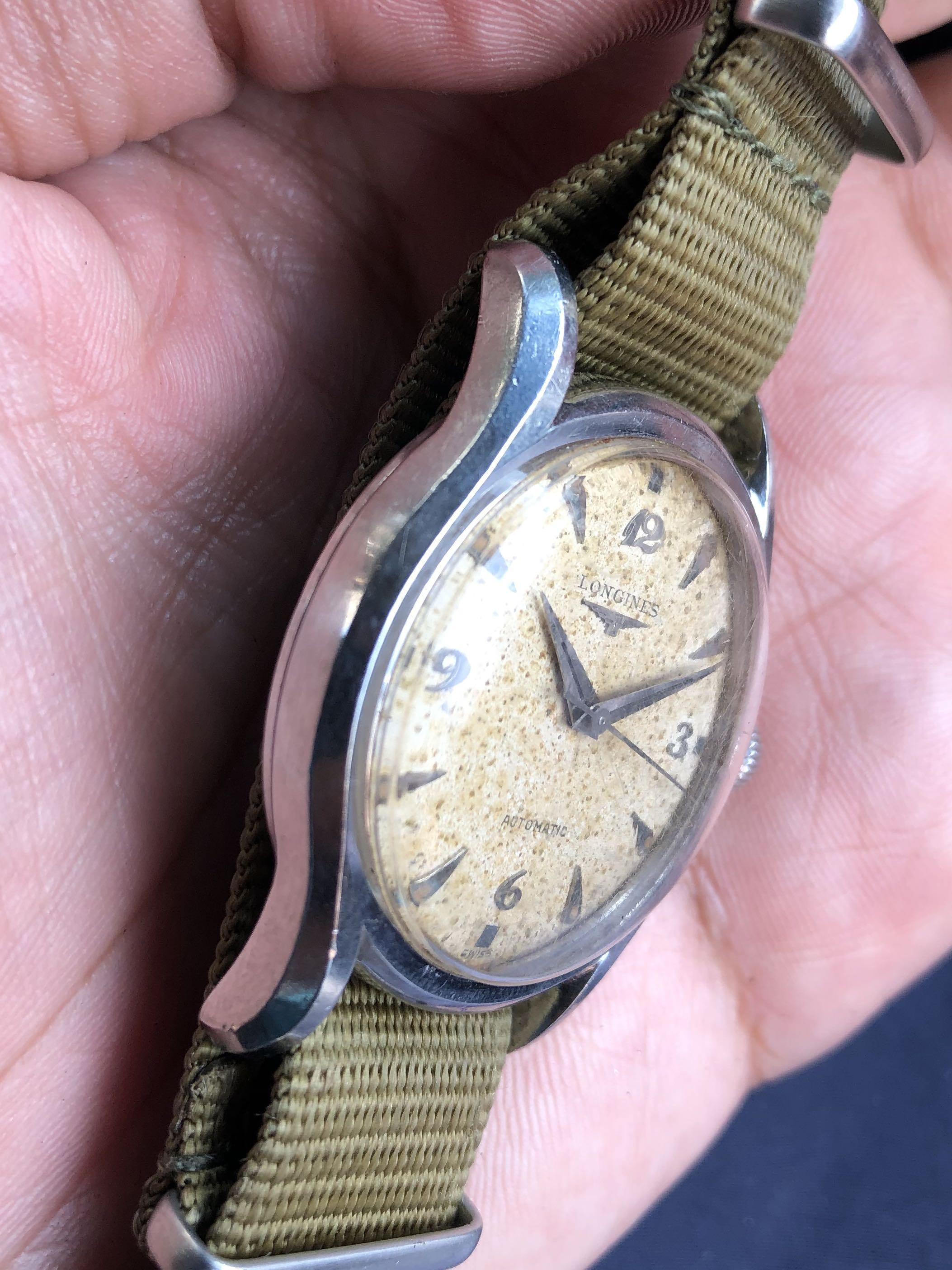 Vintage Rare 1950s LONGINES 19AS bombey step case Art Deco Dial