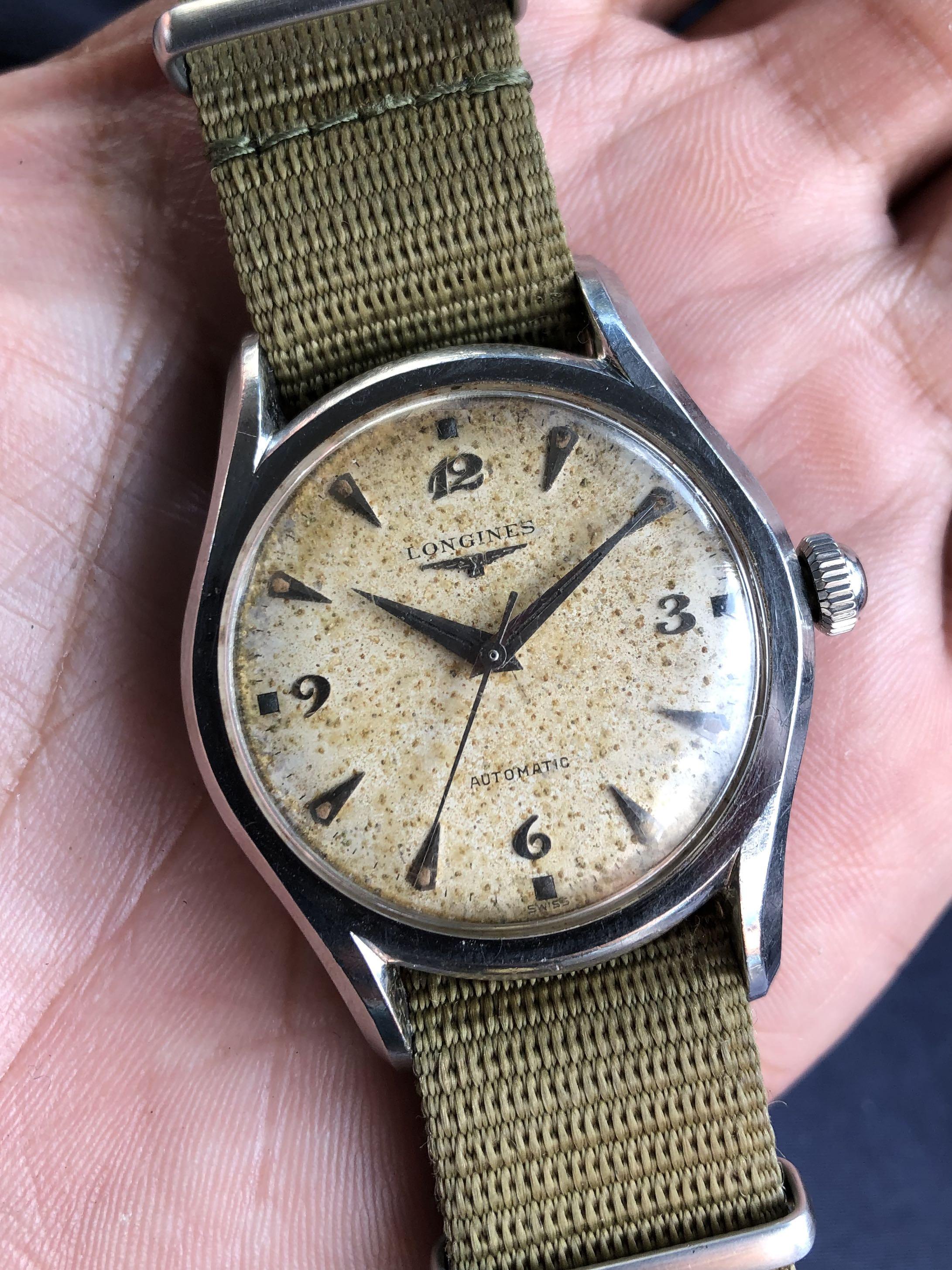 Vintage Rare 1950s LONGINES 19AS bombey step case Art Deco Dial