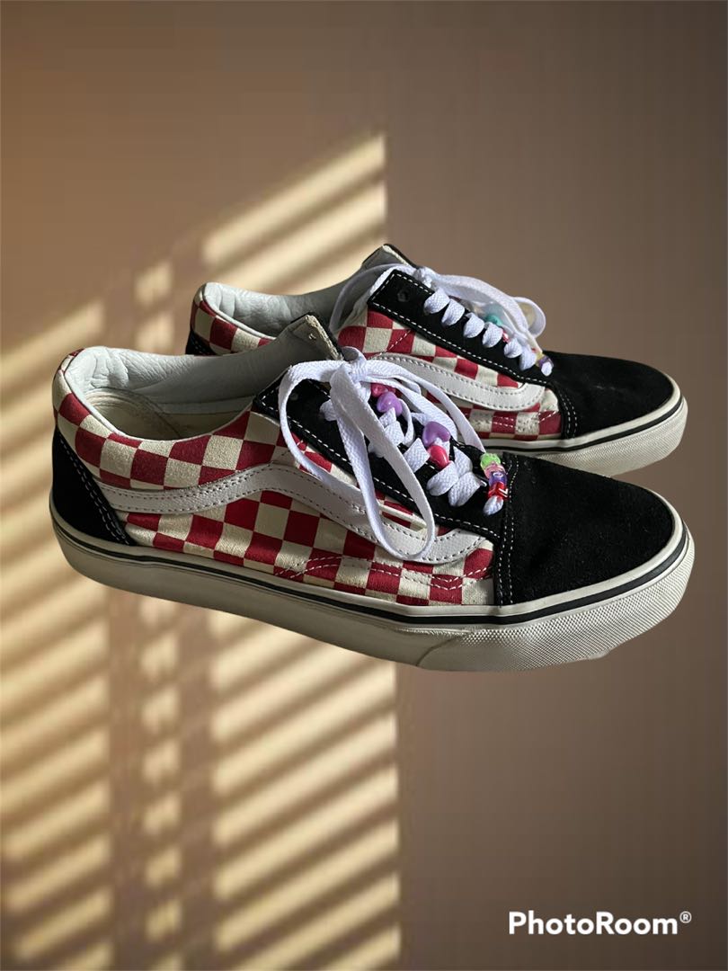 Red and white discount checkered vans womens