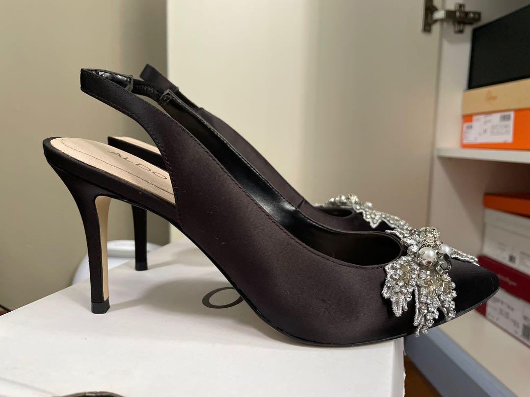 Aldo Black Satin Jewel Slingback Heels Women s Fashion Footwear