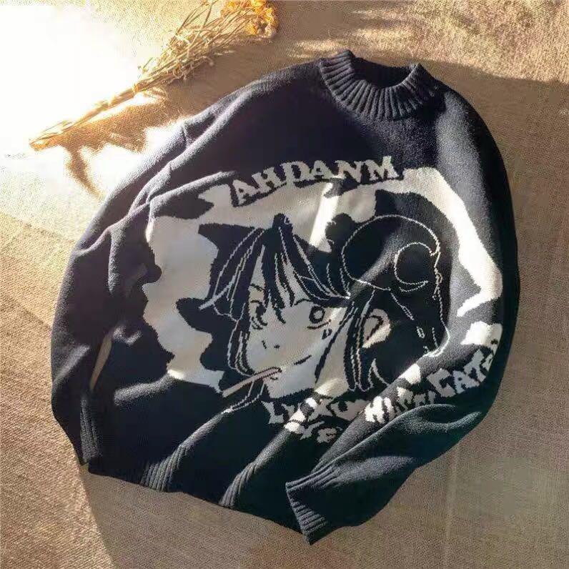 anime face oversized sweater b w