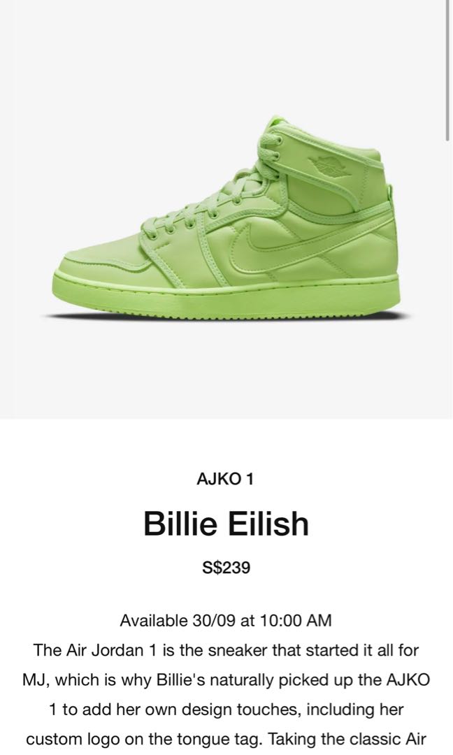 EARLY LINK] AJKO 1 Billie Eilish, Women's Fashion, Footwear, Sneakers on  Carousell
