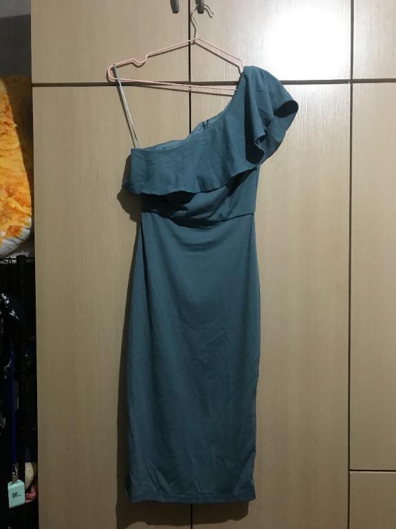 BNWT Elegant Toga style Ruffle Sleeve Evening Dress in Dusty Blue/ Dark  Teal, Women's Fashion, Dresses & Sets, Evening dresses & gowns on Carousell